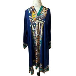 NEW Misha Lakhani $500 silk blue kaftan dress geometric south Asian design sz L